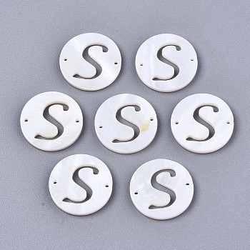 Natural Freshwater Shell Links Connectors, Flat Round with Letter, Letter.S, 14.5x1.5mm, Hole: 0.9mm