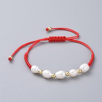 Braided Bead Bracelets, with Natural Cultured Freshwater Pearl Beads, Brass Beads and Nylon Thread, White, 1-1/8 inch~3-1/2 inch(3~9cm)