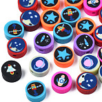 Handmade Polymer Clay Beads, Flat Round with Space Theme Pattern, Mixed Color, 9~10x4~4.5mm, Hole: 1.6mm(CLAY-N009-036)