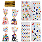 100Pcs 4 Styles Rectangle OPP Cellophane Candy Bags, Star & Moon & Rainbow Pattern Cookie Cellophane Bags, with Twist Ties, Colorful, 277x125x0.1mm, 25pcs/style(ABAG-WH20013-17)