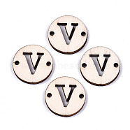 Unfinished Natural Poplar Wood Links Connectors, Laser Cut, Flat Round with Word, Letter.V, 19.5x2.5mm, Hole: 2mm(WOOD-S045-140A-01V)