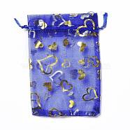 Organza Drawstring Jewelry Pouches, Wedding Party Gift Bags, Rectangle with Gold Stamping Heart Pattern, Blue, 15x10x0.11cm(OP-I001-B07)