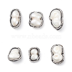 Natural Pearl Nuggets Beads, with Polymer Clay Rhinestone, Floral White, 19~30x14.5~22x9~13.5mm, Hole: 0.6mm(SHEL-F005-11)