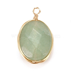Natural Green Aventurine Pendants, Wire Wrapped Pendants, with Light Gold Plated Eco-Friendly Copper Wire, Faceted, Oval, 21~24x13~14x6~6.5mm, Hole: 1.5~2.5mm(PALLOY-JF00467-01)
