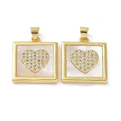 Rack Plating Brass Micro Pave Clear Cubic Zirconia Pendants, with Shell, Long-Lasting Plated, Lead Free & Cadmium Free, Real 18K Gold Plated, Heart, 21x18x2.5mm, Hole: 4x3mm(KK-K341-44G-04)
