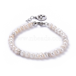 Natural Cultured Freshwater Pearl Beaded Bracelets, with Brass Beads, 304 Stainless Steel Flat Round Charms and Lobster Claw Clasps, Dog Pattern, 7-1/2 inch(19cm)(BJEW-JB05257-04)