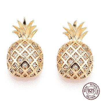 925 Sterling Silver Micro Pave Cubic Zirconia Pendants, with S925 Stamp, Pineapple Charms, Nickel Free, Real 18K Gold Plated, 15x9x7mm, Hole: 1.5mm