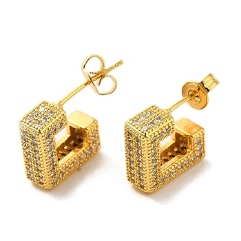 Brass Micro Pave Clear Cubic Zirconia Stud Earrings for Women, Letter J, Real 16K Gold Plated, 13x4mm