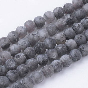 Natural Black Larvikite Bead Strands, Round, Frosted, 4~4.5mm, Hole: 1mm, about 85~90pcs/strand, 14.9 inch(38cm)