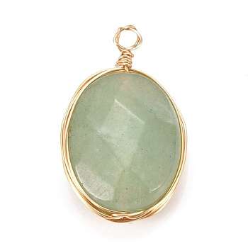 Natural Green Aventurine Pendants, Wire Wrapped Pendants, with Light Gold Plated Eco-Friendly Copper Wire, Faceted, Oval, 21~24x13~14x6~6.5mm, Hole: 1.5~2.5mm
