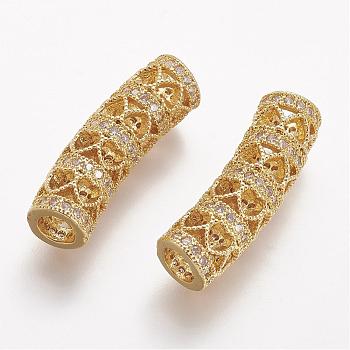 Brass Micro Pave Cubic Zirconia Tube Beads, Tube, Large Hole Beads, Clear, Golden, 25x8.6x7.4mm, Hole: 4.2mm