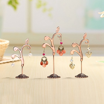3Pcs 3 Sizes Flower Alloy with Iron Dangle Earrings Display Stands, Photo Props, Red Copper, 7.5x10.5~13.5cm, 1pc/size