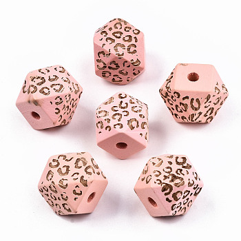 Painted Natural Wood Beads, Laser Engraved Pattern, Faceted, Polygon with Leopard Print, Pink, 16x15.5~16.5x15.5~16.5mm, Hole: 3mm