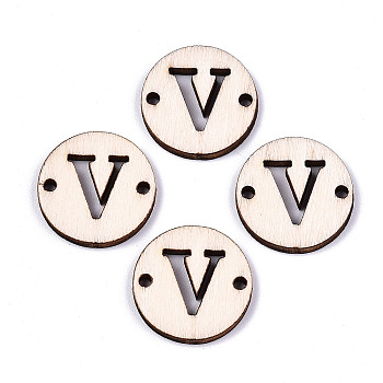 Unfinished Natural Poplar Wood Links Connectors, Laser Cut, Flat Round with Word, Letter.V, 19.5x2.5mm, Hole: 2mm
