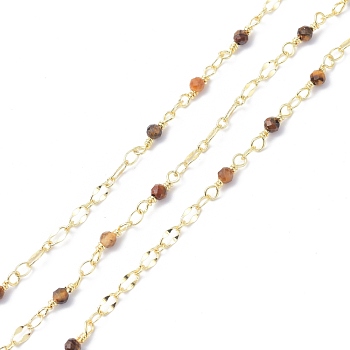 Brass & Natural Tiger Eye Handmade Beaded Chain, with Spool, Long-Lasting Plated, Soldered, 9.5x3.5mm, about 10.93 yards(10m)/roll