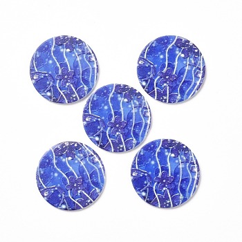 Acrylic Cabochons, for Hair Pins, Hair & Earrings Accessories, Flat Round with Flower Pattern, Royal Blue, 34.5x2.5mm
