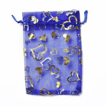 Organza Drawstring Jewelry Pouches, Wedding Party Gift Bags, Rectangle with Gold Stamping Heart Pattern, Blue, 15x10x0.11cm