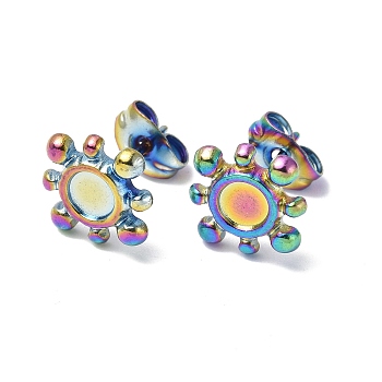 Ion Plating(IP) 304 Stainless Steel Stud Earring Findings, Sun with Round Tray Earring Settings, with Ear Nuts, Rainbow Color, Tray: 4mm, 10x10mm, Pin: 0.7mm