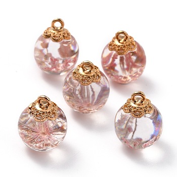 Glass Dried Flower Big Pendants, with Alloy Findings, Round, Light Gold, Pink, 21x16mm, Hole: 2mm