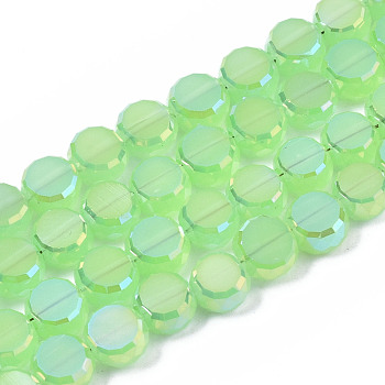 Electroplate Transparent Glass Beads Strands, AB Color Plated, Imitation Jade Glass, Faceted, Flat Round, Light Green, 5.5x6x3.5mm, Hole: 1.2mm, about 98~100pcs/strand, 20.87~21.26 inch(53cm~54cm)