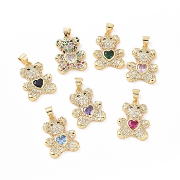 Brass Micro Pave Cubic Zirconia Pendants, with Glass, Bear with Heart Charm, Golden, Mixed Color, 20.5x15x5mm, Hole: 5.5x3.5mm