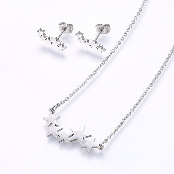 304 Stainless Steel Jewelry Sets, Stud Earrings and Pendant Necklaces, Star, Stainless Steel Color, 18.9 inch(48cm), Stud Earrings: 13x6x1.2mm, Pin: 0.8mm