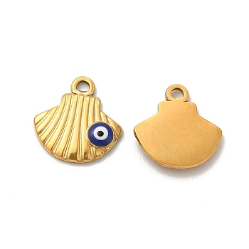 Vacuum Plating 201 Stainless Steel Pendants, Shell Charms with Enamel Evil Eye, Real 18K Gold Plated, Blue, 16.5x16x2mm, Hole: 2mm