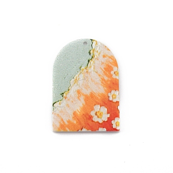 Printed Acrylic Pendants, Two Tone, Arch-shaped with Floral Pattern, Orange, 34.5x24x2mm, Hole: 1.2mm