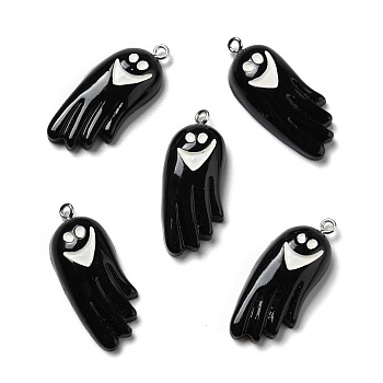 Halloween Opaque Resin Pendants, with Platinum Tone Iron Loops, Ghost, Black, 35.5x14.5x8mm, Hole: 2mm