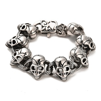 304 Stainless Steel Skull Link Chain Bracelets, Antique Silver, 8-3/4 inch(22.3cm)