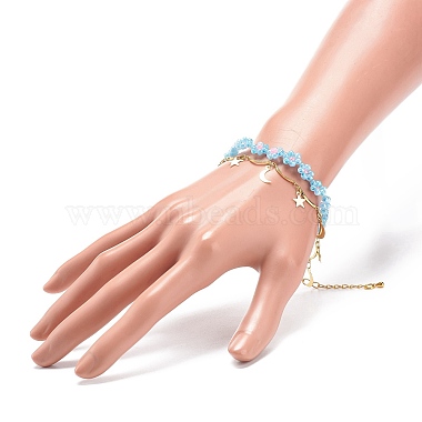 Brass Moon and Star Charms & Seed Flower Double Layer Multi-strand Bracelet for Women(BJEW-JB08848)-3