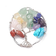 Alloy Gemstone Chip Pendants, Natural Green Aventurine & Red Jasper & Rose Quartz & Citrine & Lapis Lazuli & Amethyst, Synthetic Howlite, with Copper Wire Wrapped, Mixed Dyed and Undyed, Ring with Tree, Platinum, 35~36x34~35.5x6~9mm, Hole: 3~3.2x1~1.4mm(PALLOY-JF01448-02)