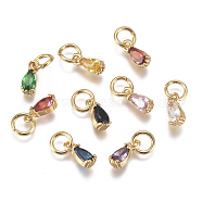 Brass Micro Pave Cubic Zirconia Charms, with Jump Ring, Long-Lasting Plated, Real 18K Gold Plated, Faceted, Teardrop, Mixed Color, 8x3x3mm, Hole: 3mm(ZIRC-F111-04G)
