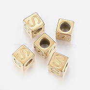 304 Stainless Steel Large Hole Letter European Beads, Horizontal Hole, Cube with Letter.S, Golden, 8x8x8mm, Hole: 5mm(X-STAS-H428-01G-S)