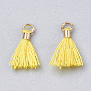 Polycotton(Polyester Cotton) Tassel Pendant Decorations, Mini Tassel, with Brass Findings, Light Gold, Yellow, 10~15x3~4mm, Hole: 2mm(X-FIND-S275-29G)