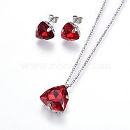 304 Stainless Steel Jewelry Sets, Pendant Necklaces and Stud Earrings, with Glass Rhinestones, teardrop, Stainless Steel Color, Dark Red, 17.71 inch(45cm), 12x11.5x6mm, Pin: 0.8mm(SJEW-H139-06B)