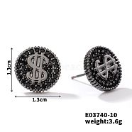 Chic Brass Cubic Zirconia Stud Earrings, Fashionable and Versatile Accessories, Flat Round, Black, 13x13mm(ZD1304-2)