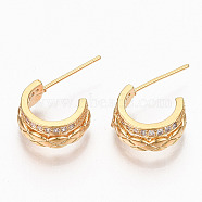 Brass Micro Pave Clear Cubic Zirconia Half Hoop Earrings, Stud Earring, Textured, Semicircular, Nickel Free, Real 18K Gold Plated, 19.5x12.5x5.5mm, Pin: 0.7mm(KK-R117-034B-NF)