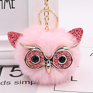 Pom Pom Ball Keychain, with KC Gold Tone Plated Alloy Lobster Claw Clasps, Iron Key Ring and Chain, Owl, Pink, 12cm(KEYC-PW0002-033J)