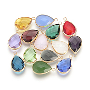 Glass Pendants, with Brass Findings, Faceted, teardrop, Light Gold, Mixed Color, 14x7.5x4mm, Hole: 1.8~2.3mm(X-GLAA-S110-A-M)