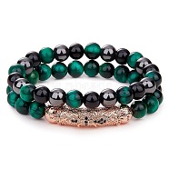 2Pcs 2 Style Natural Tiger Eye & Gemstone Stretch Bracelets Set, Cubic Zirconia Tube Beaded Essential Oil Gemstone Bracelet for Women, Green, Inner Diameter: 2-1/8 inch(5.5cm), 1Pc/style(BJEW-SW00089)
