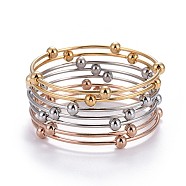 Fashion Tri-color 304 Stainless Steel Bangle Sets, with Round Beads, Multi-color, 2-1/8 inch(5.5cm), 7pcs/set(X-BJEW-L664-023A-M)