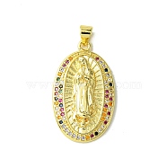 Real 18K Gold Plated Brass Micro Pave Cubic Zirconia Pendants, Oval with Virgin, Colorful, 30.5x18x4mm, Hole: 3.5x4.5mm(KK-H472-17G-01)