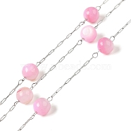 304 Stainless Steel Cable Chains with Dyed Shell Beads, Round, Soldered, with Spool, Pearl Pink, link: 2.5x0.8x0.1mm, 5~5.4mm(STAS-B067-04B-05)