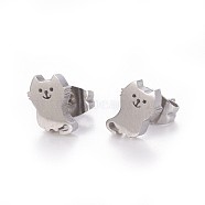 304 Stainless Steel Kitten Stud Earrings, Hypoallergenic Earrings, with Ear Nuts/Earring Back, Cat Silhouette, Stainless Steel Color, 8x6mm, Pin: 0.8mm, 12pairs/card(EJEW-F227-10P)