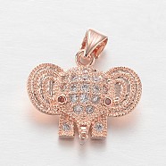 Brass Micro Pave Cubic Zirconia Charms, Elephant, Lead Free & Nickel Free, Rose Gold, 13x17x5mm, Hole: 4x3mm(ZIRC-L035-33RG-FF)