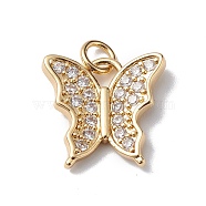 Brass Micro Pave Cubic Zirconia Charms, Cadmium Free & Lead Free, Real 18K Gold Plated, Long-Lasting Plated, with Jump Ring, Butterfly Charm, Clear, 14x14.5x2.5mm, Hole: 3mm(KK-E003-02G)