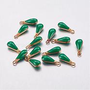 Antique Golden Plated Brass Enamel Teardrop Charms, Enamelled Sequins, Green, 11x4x3mm, Hole: 1mm(KK-Q571-01F)