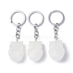 Natural Quartz Crystal Pendant Keychains, with Iron Keychain Findings, Owl, 8cm(KEYC-P011-01P-11)