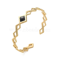 304 Stainless Steel Enamel Hollow Rhombus Open Cuff Bangles for Women, Real 18K Gold Plated, Black, Inner Diameter: 2-1/4 inch(5.6cm)(BJEW-M316-07G-02)